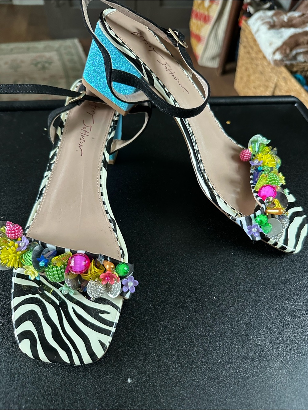 Betsey Johnson Black Zebra Print Bejeweled Ankle Strap Sandals. NWOT - Picture 8 of 8